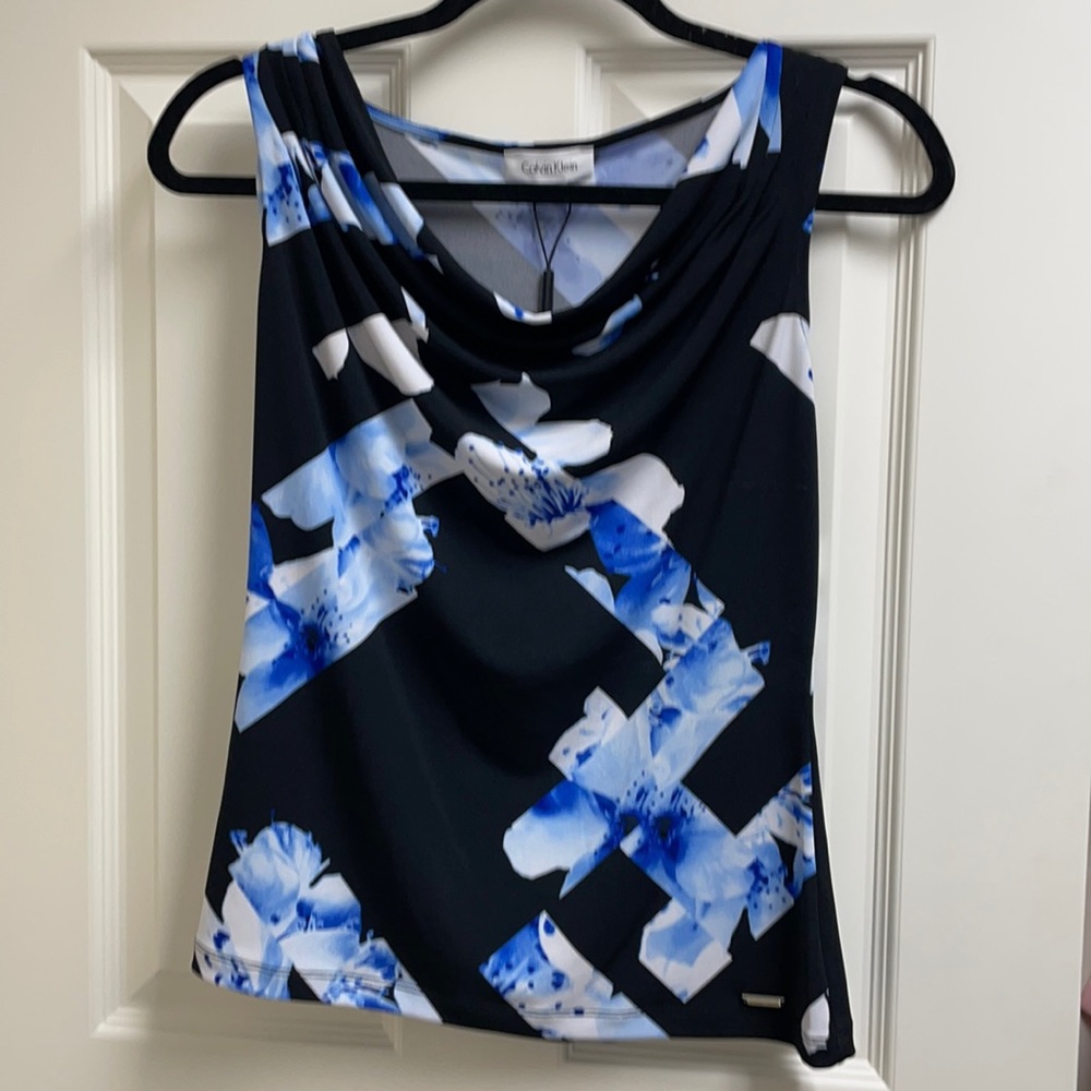 Calvin Klein Suits blue flowered cowl neck blouse